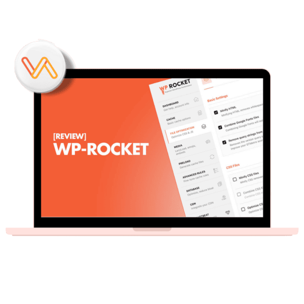 Pantalla con reseña de WP-Rocket en ordenador portátil.