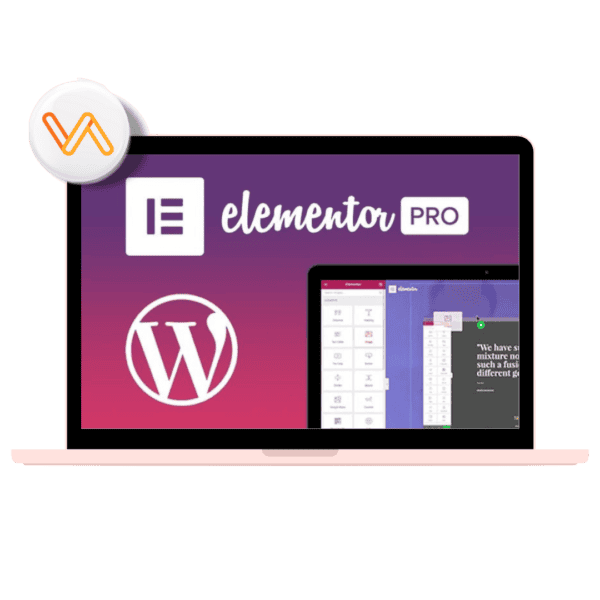 Portátil mostrando logotipos de WordPress y Elementor Pro.