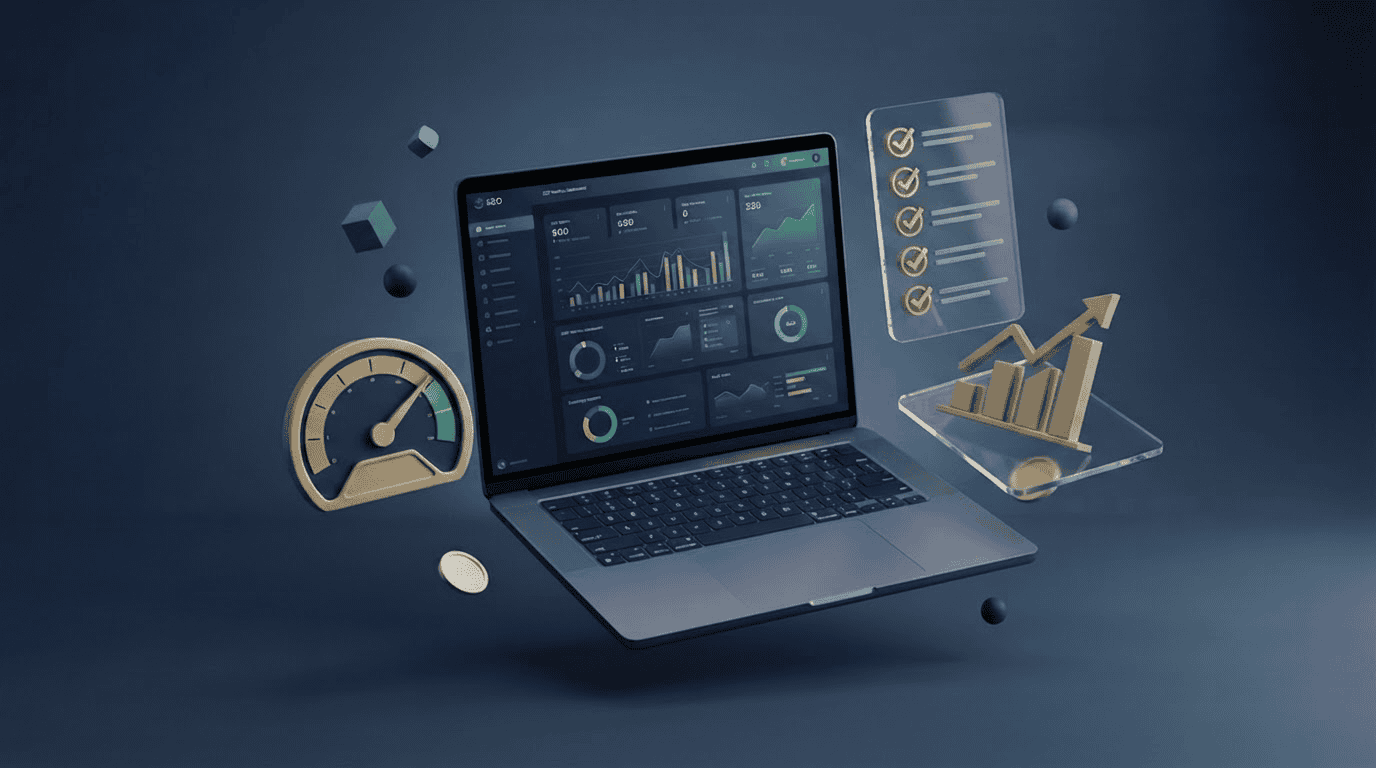 Panel de métricas de auditoría SEO con velocímetro y gráficos de posicionamiento web
