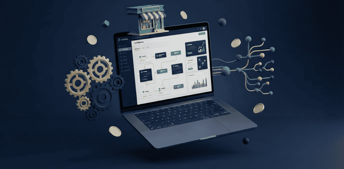 Automatizaciones web para negocios locales: render 3D de engranajes, nodos automatizados y escaparate de tienda