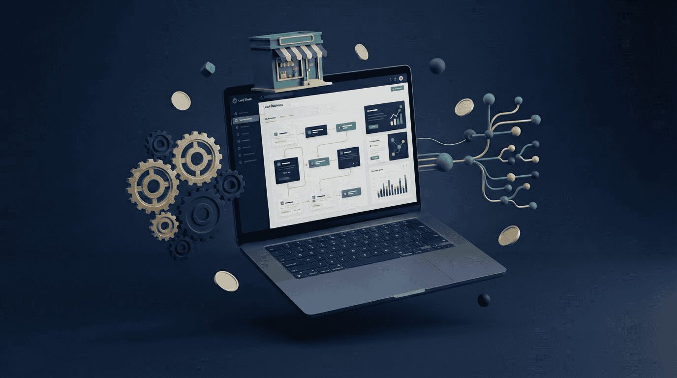 Automatizaciones web para negocios locales: render 3D de engranajes, nodos automatizados y escaparate de tienda