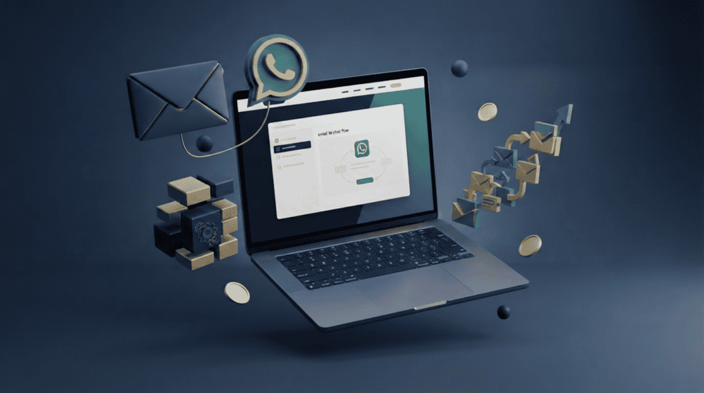 Pasos para integrar MailPoet con WhatsApp: render 3D de sobre conectado a burbuja de chat con flechas de flujo