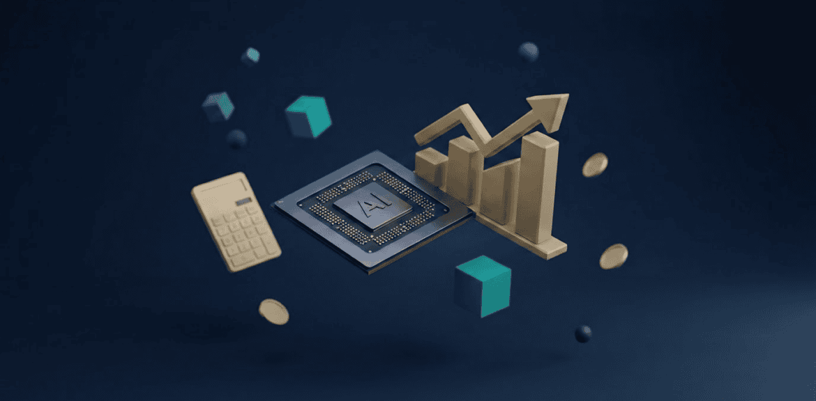 Cambricon, la acción más cara de China: render 3D de chip de IA, gráfico ascendente y símbolo de yuan