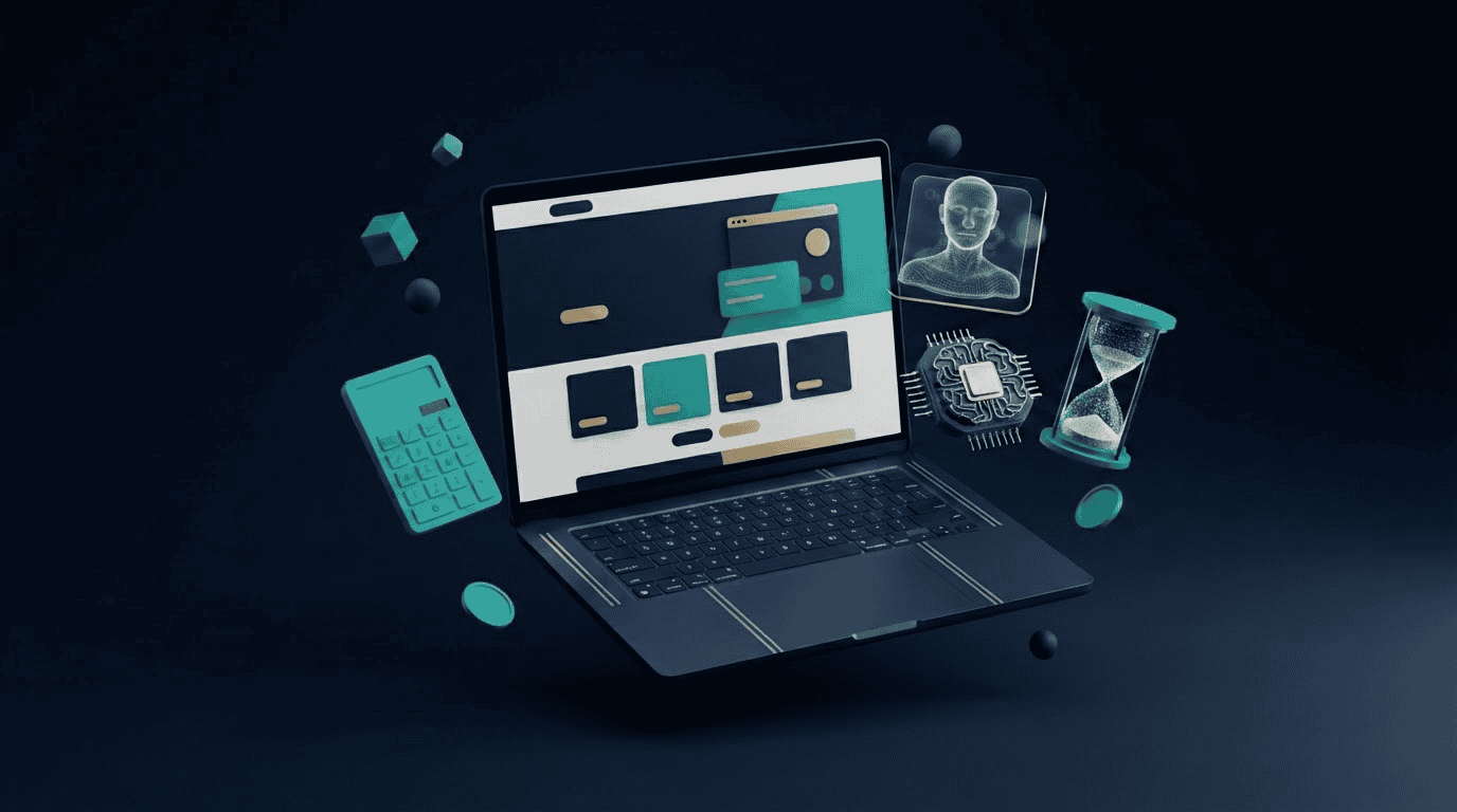 Deadbots y la vida digital tras la muerte: render 3D de avatar holográfico, chip cerebral y reloj de arena digital