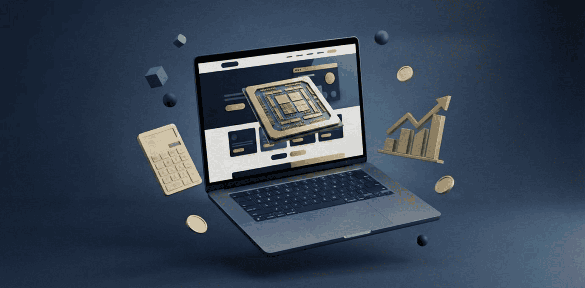 Nvidia ganancias récord: render 3D de chip GPU, gráfico ascendente y símbolo de dólar sobre fondo azul
