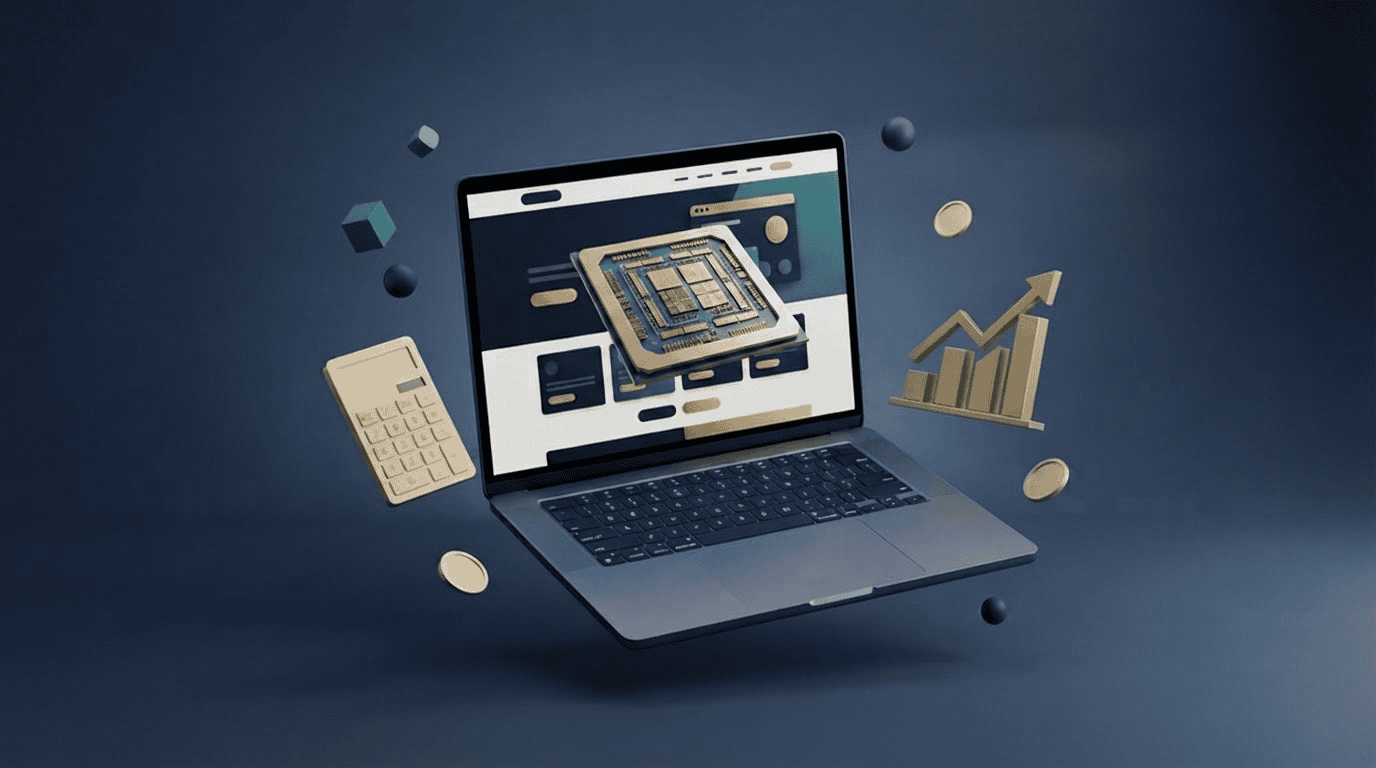 Nvidia ganancias récord: render 3D de chip GPU, gráfico ascendente y símbolo de dólar sobre fondo azul