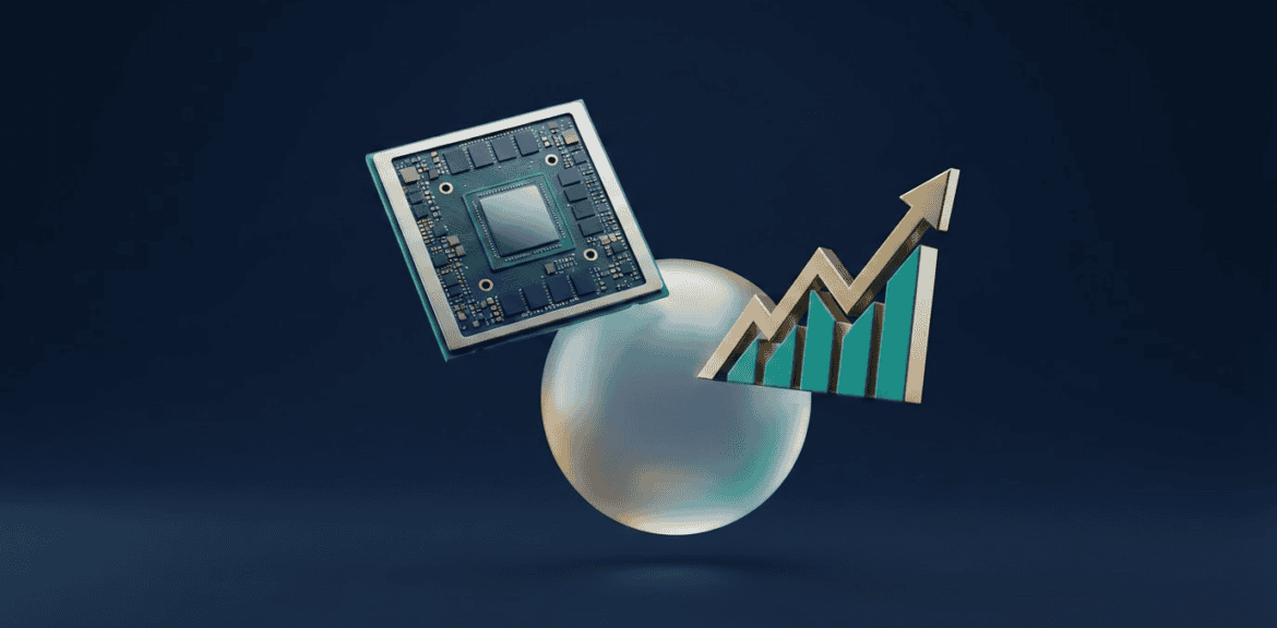 Nvidia T2 fiscal 2026: render 3D de chip GPU con burbuja translúcida y gráfico bursátil