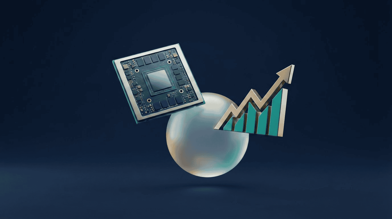 Nvidia T2 fiscal 2026: render 3D de chip GPU con burbuja translúcida y gráfico bursátil