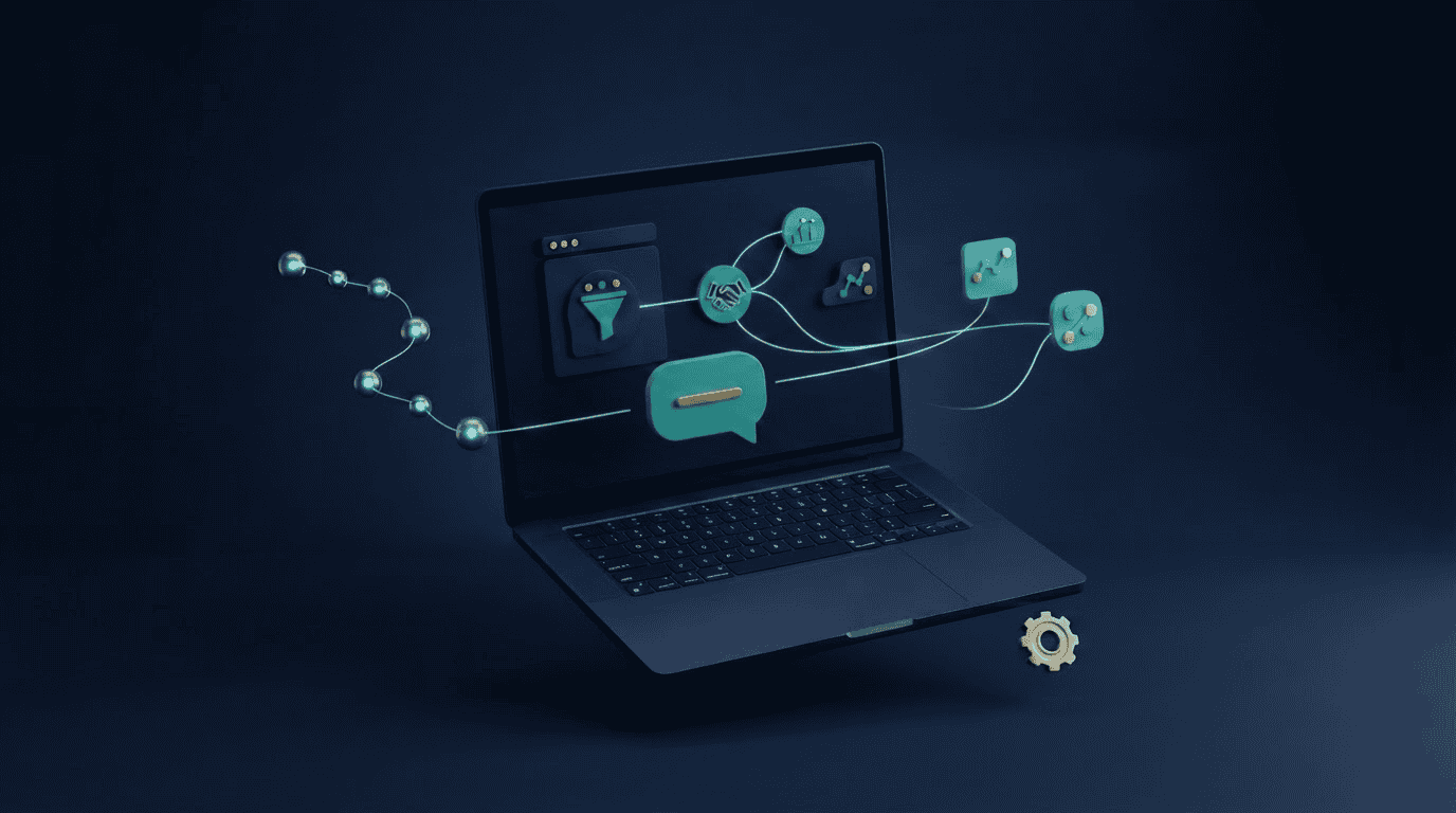 Flujo de automatización de ventas con IA: nodos conectados de un embudo comercial automatizado