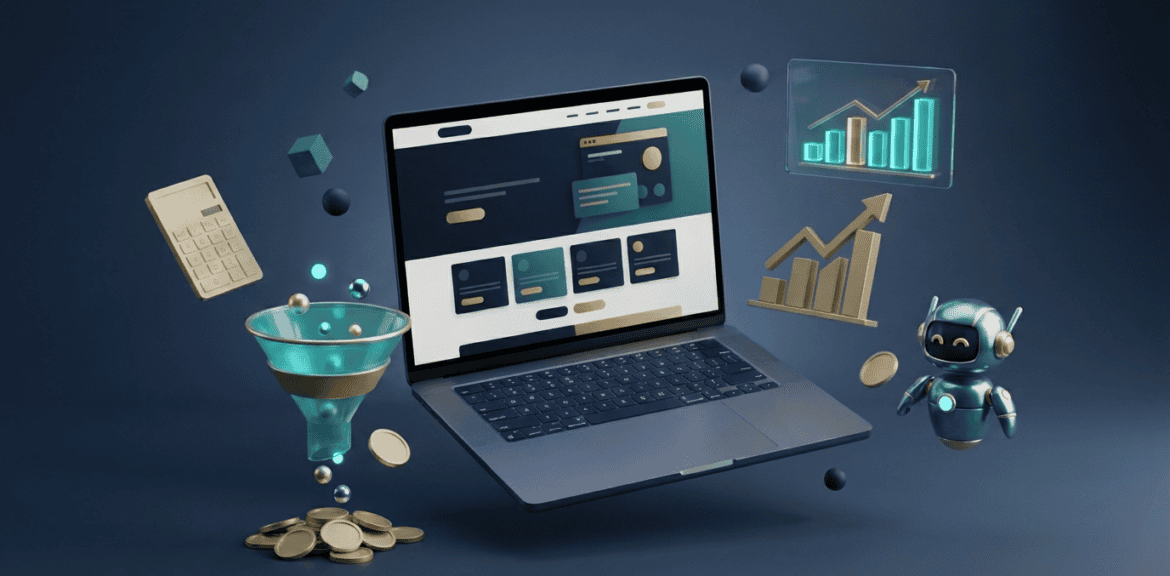 Automatización de ventas con IA: ilustración 3D de embudo de ventas inteligente con asistente robótico