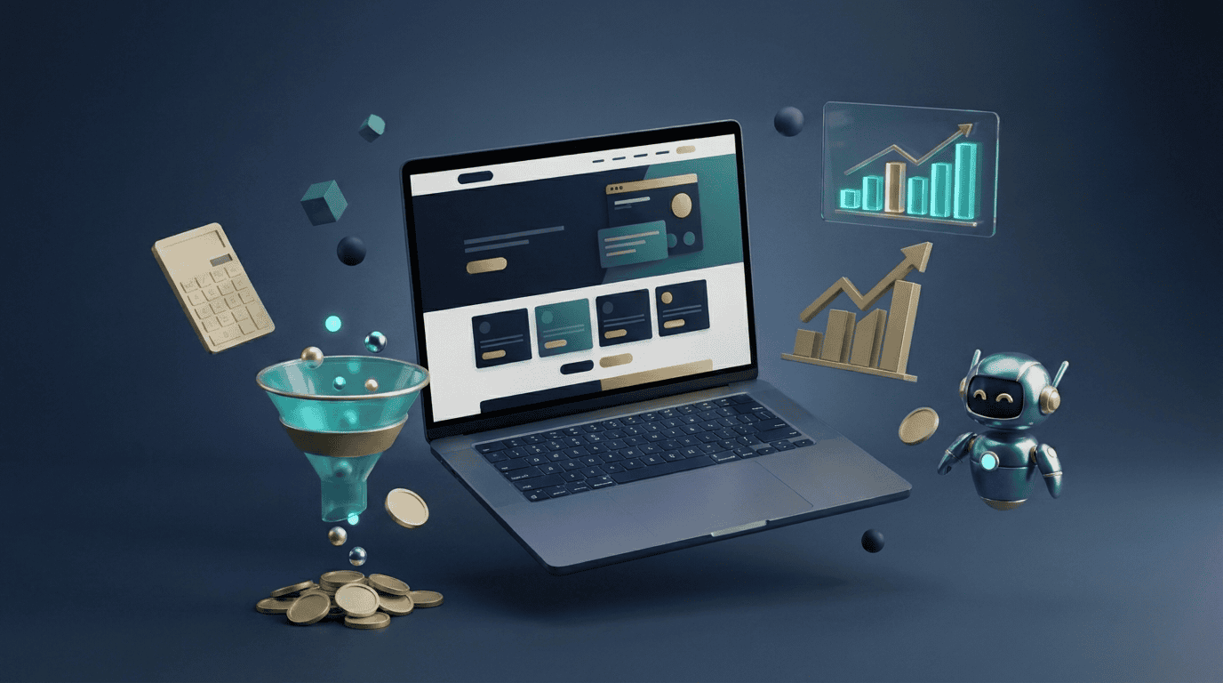 Automatización de ventas con IA: ilustración 3D de embudo de ventas inteligente con asistente robótico