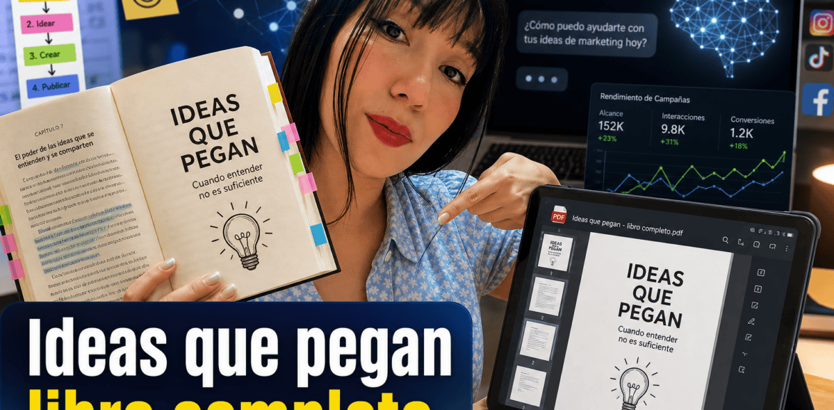 Mujer mostrando libro 'Ideas que pegan' en oficina.