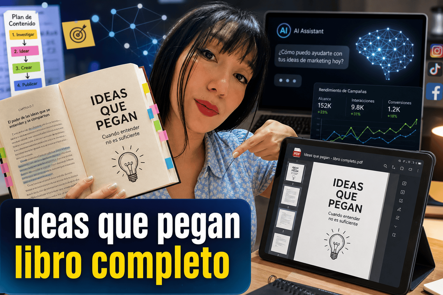 Mujer mostrando libro 'Ideas que pegan' en oficina.
