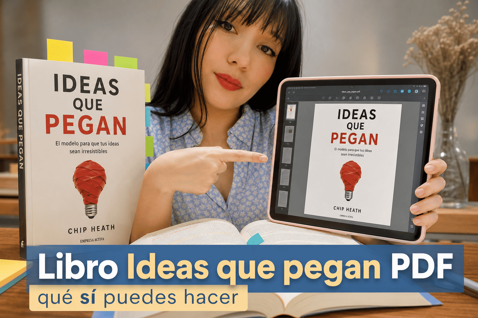 Mujer mostrando el libro Ideas que Pegan en PDF.