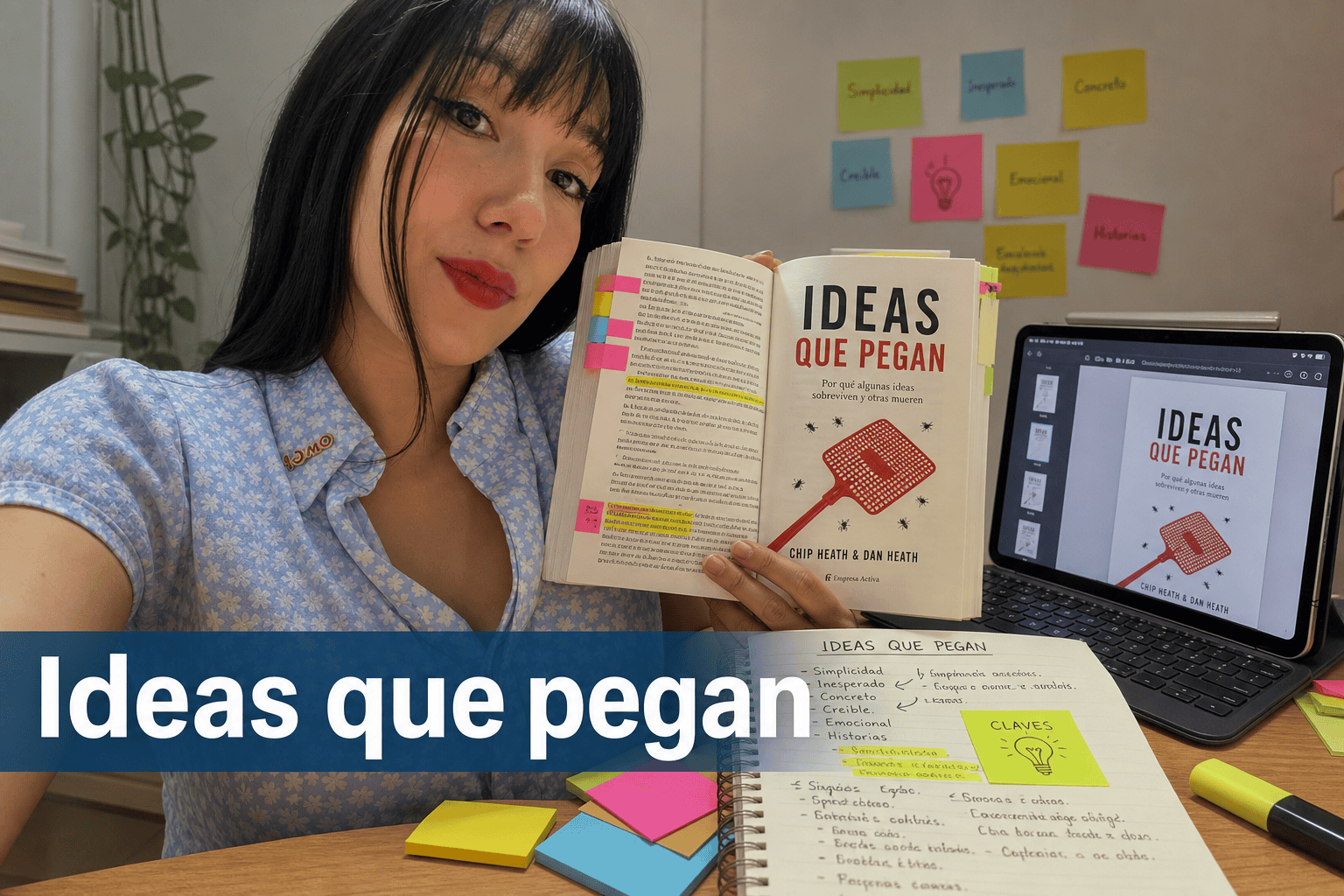 Mujer mostrando libro 'Ideas que Pegan' en escritorio.