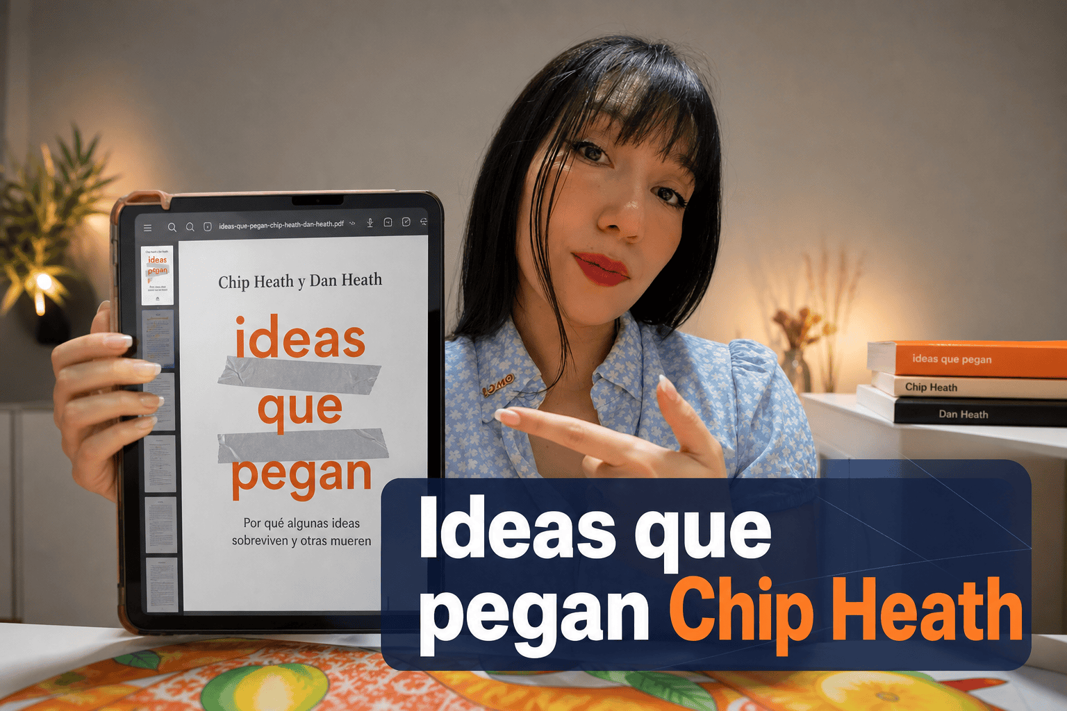 Mujer muestra libro 'Ideas que pegan' en tableta.