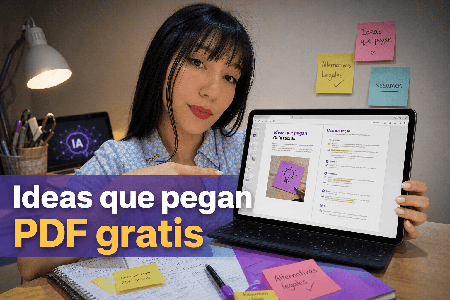Mujer mostrando guía de ideas en tablet.