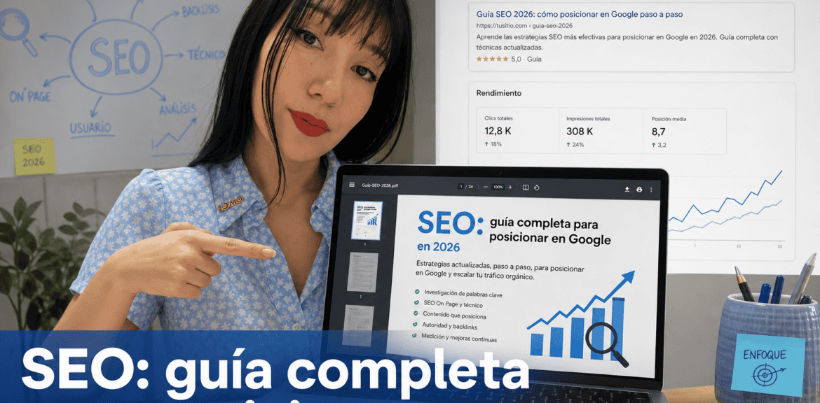 Mujer muestra guía SEO en laptop y pizarra.