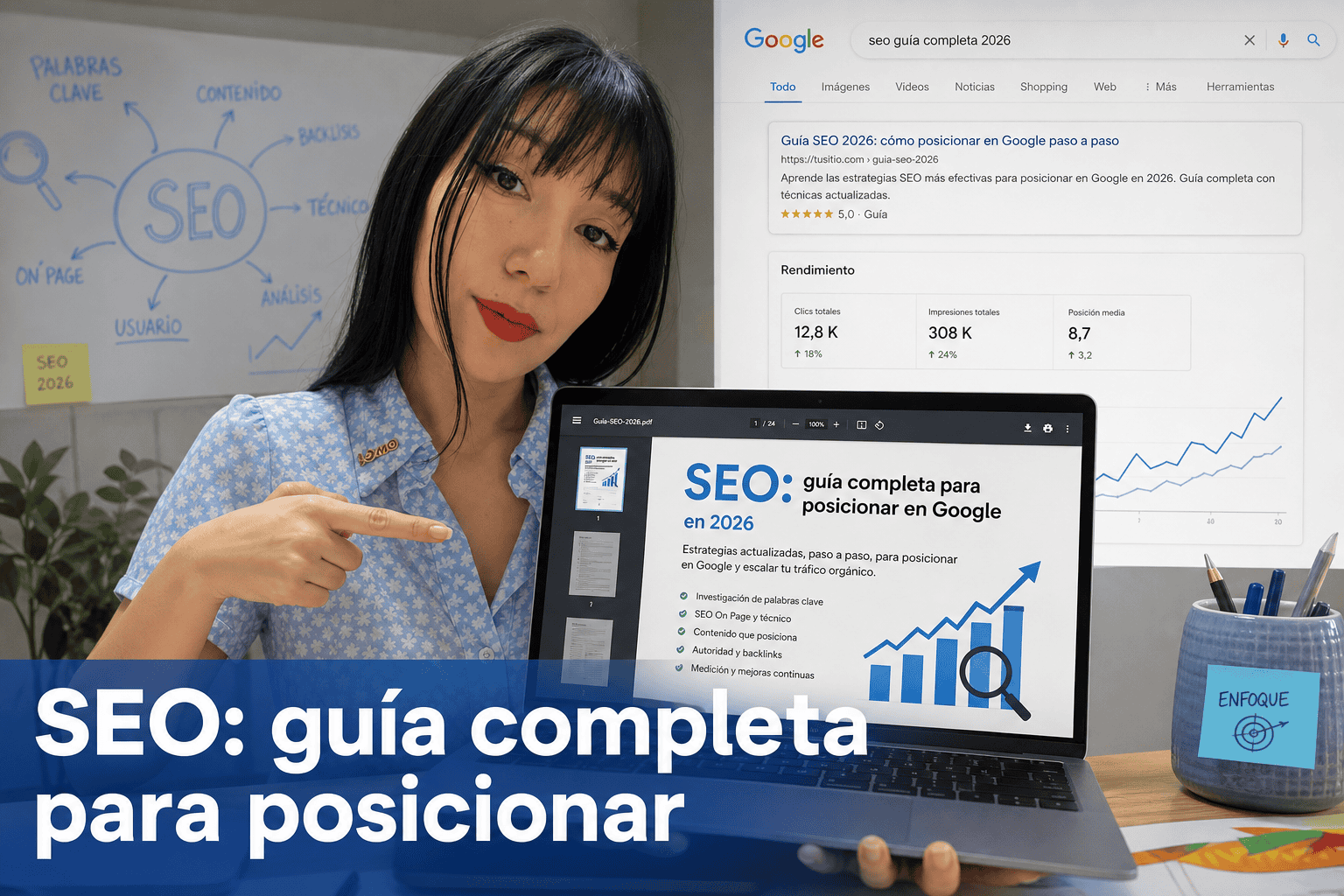 Mujer muestra guía SEO en laptop y pizarra.