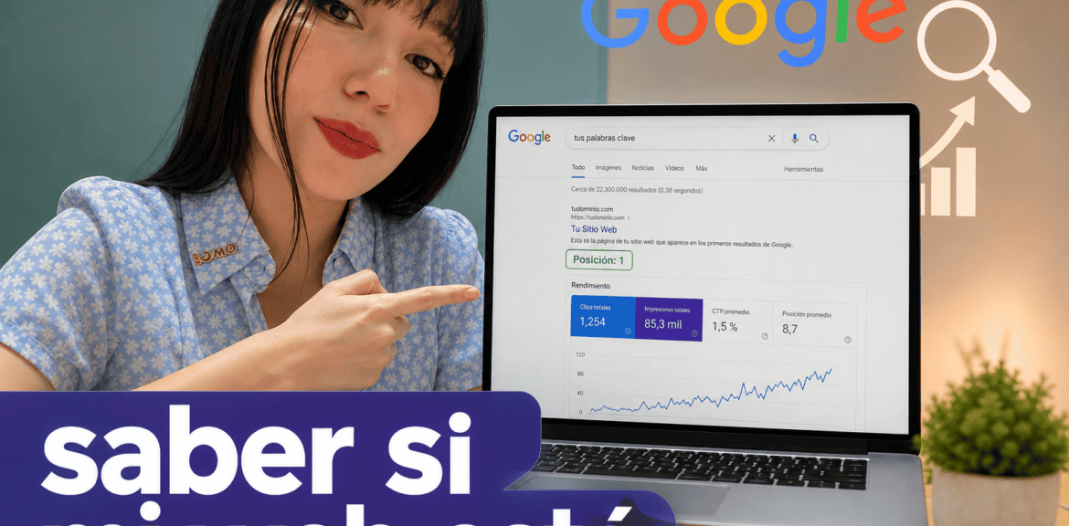 Mujer señalando posición de página web en Google.