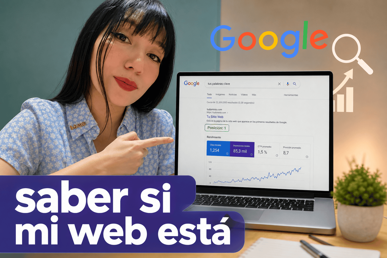 Mujer señalando posición de página web en Google.
