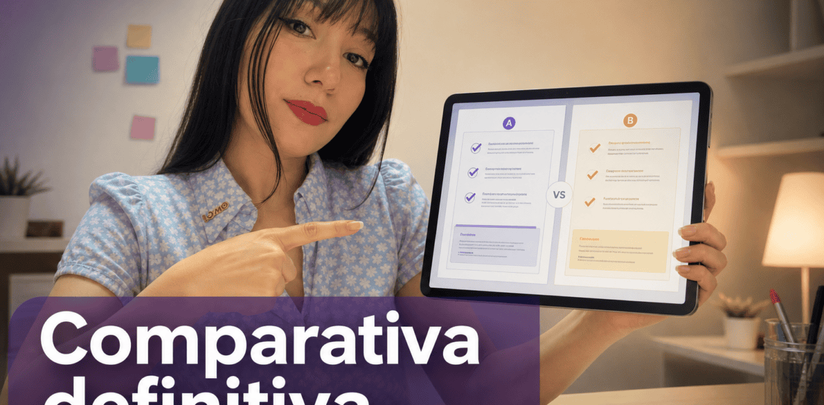 Mujer mostrando comparativa en tablet