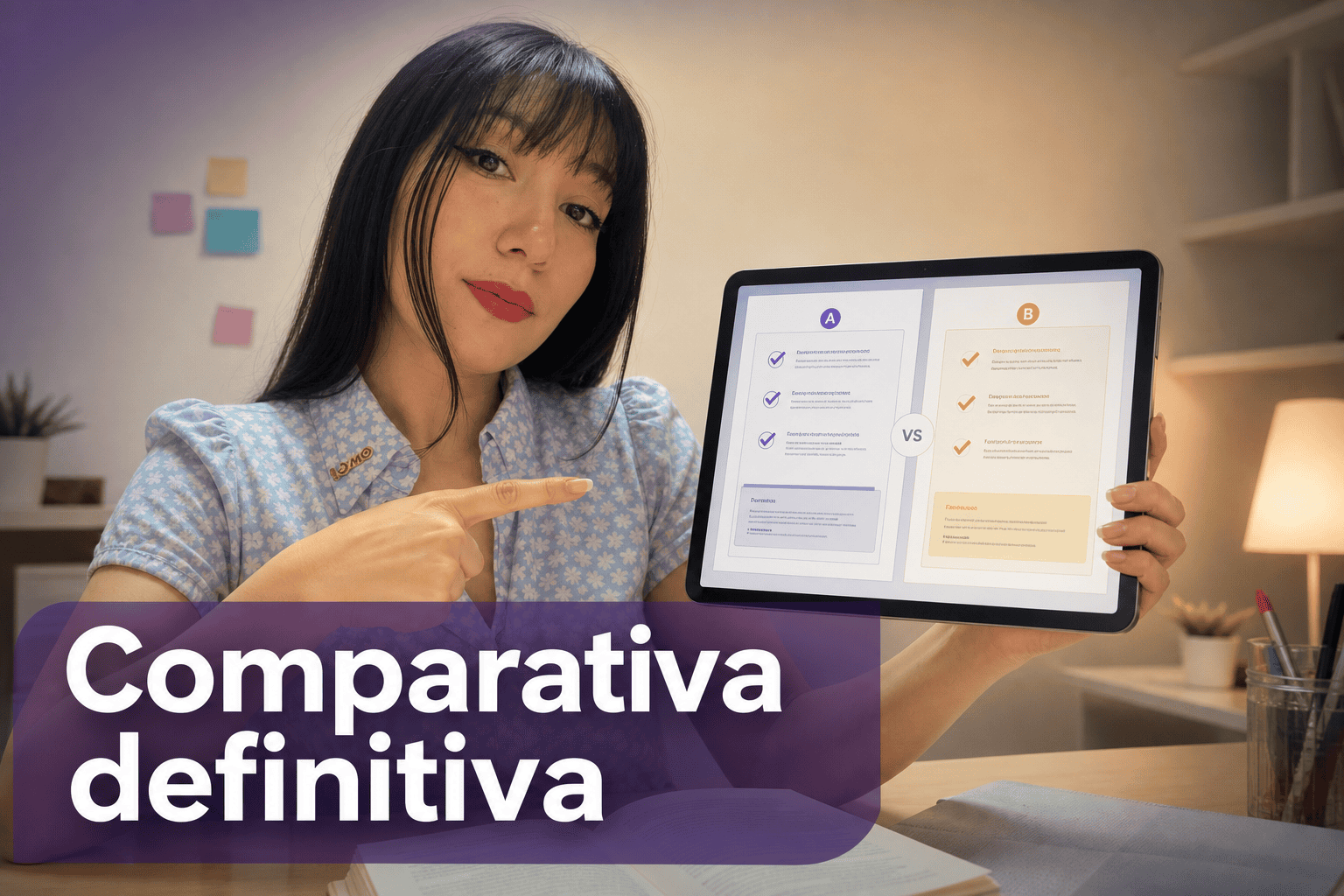 Mujer mostrando comparativa en tablet