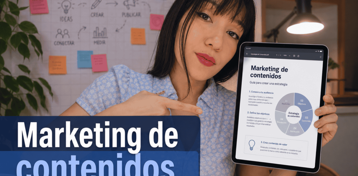 Mujer mostrando estrategia de marketing de contenidos en tablet.