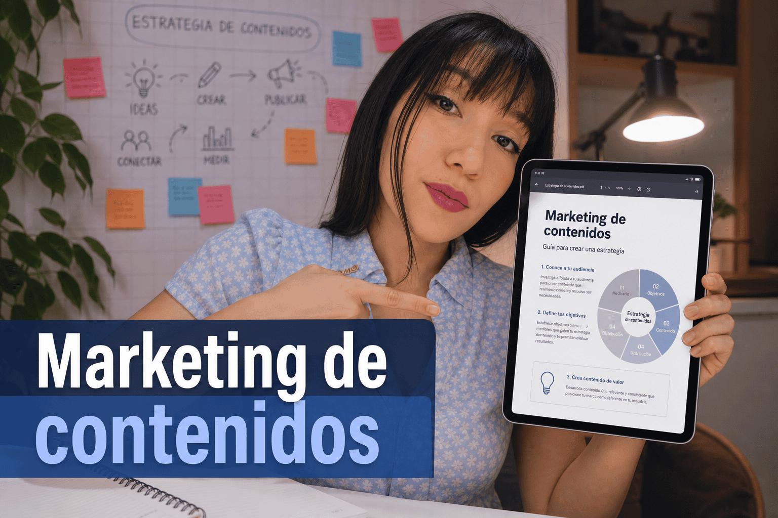 Mujer mostrando estrategia de marketing de contenidos en tablet.