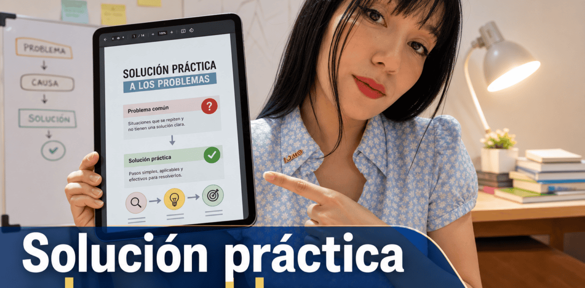 Mujer mostrando tablet con solución a problemas.