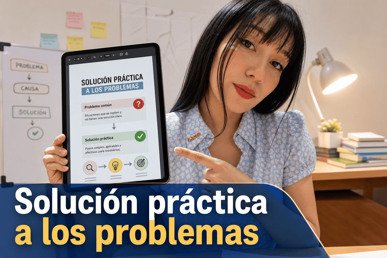 Mujer mostrando tablet con solución a problemas.