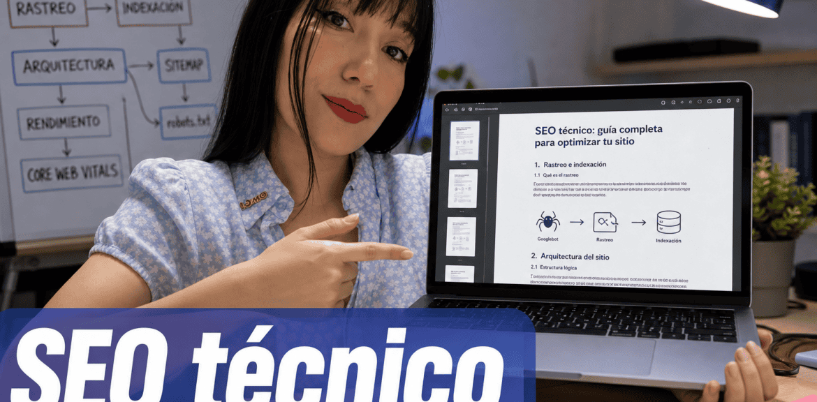 Guía SEO técnico en portátil, apuntes detrás.