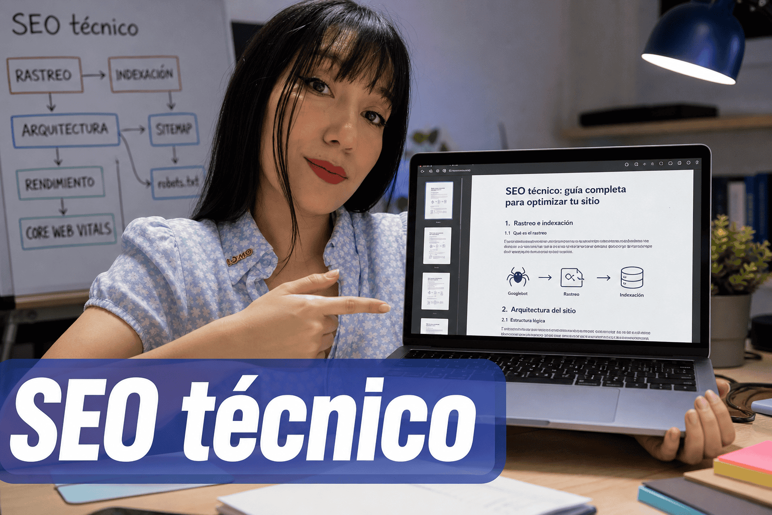 Guía SEO técnico en portátil, apuntes detrás.