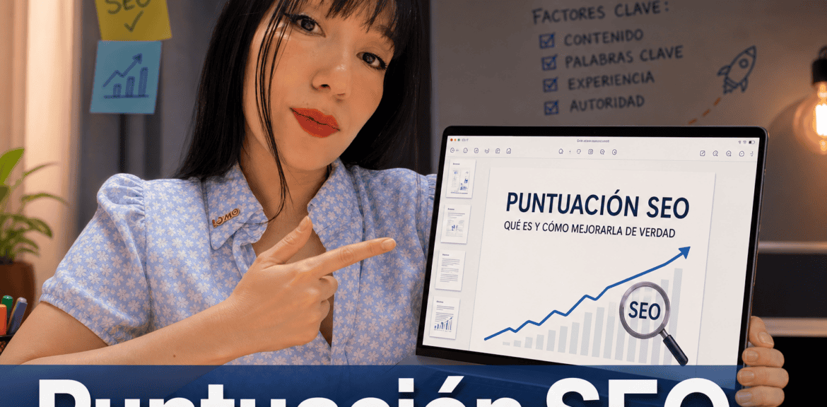 Mujer explicando cómo mejorar puntuación SEO en pantalla.