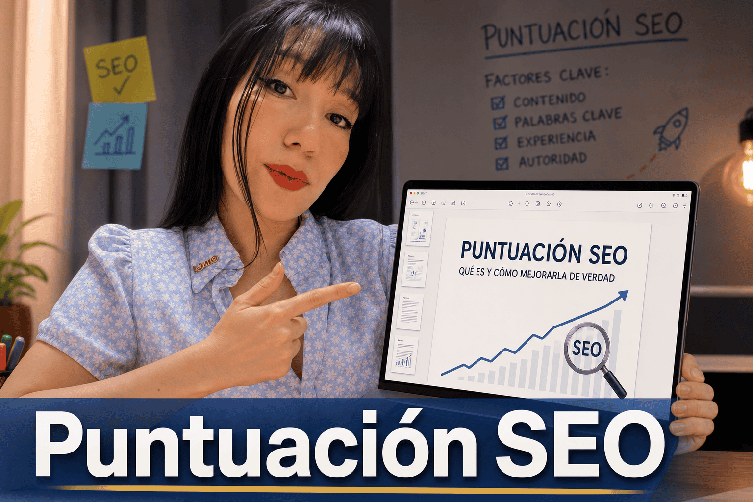 Mujer explicando cómo mejorar puntuación SEO en pantalla.