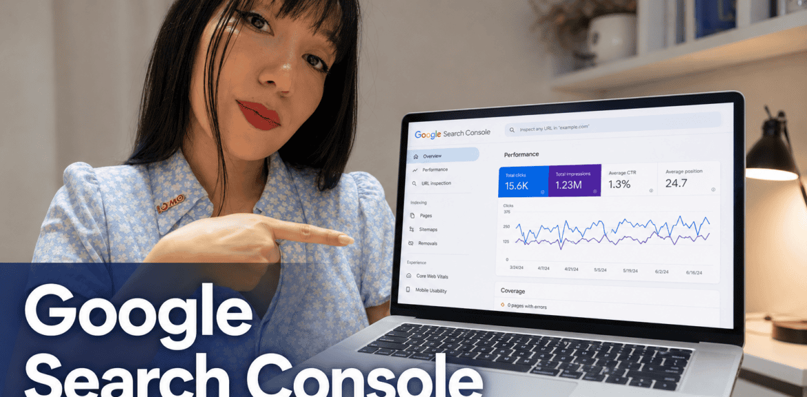 Mujer mostrando análisis en Google Search Console.