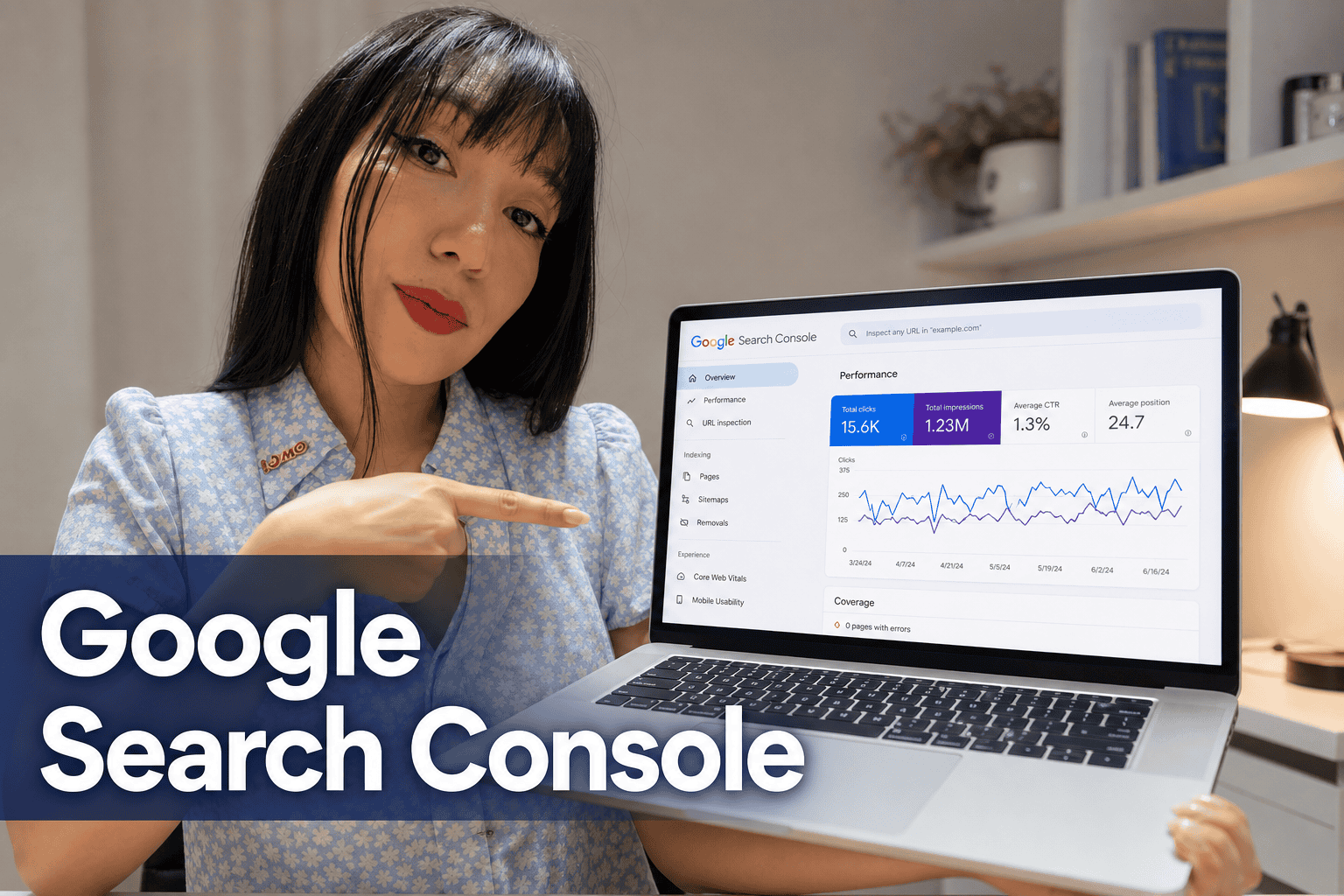Mujer mostrando análisis en Google Search Console.