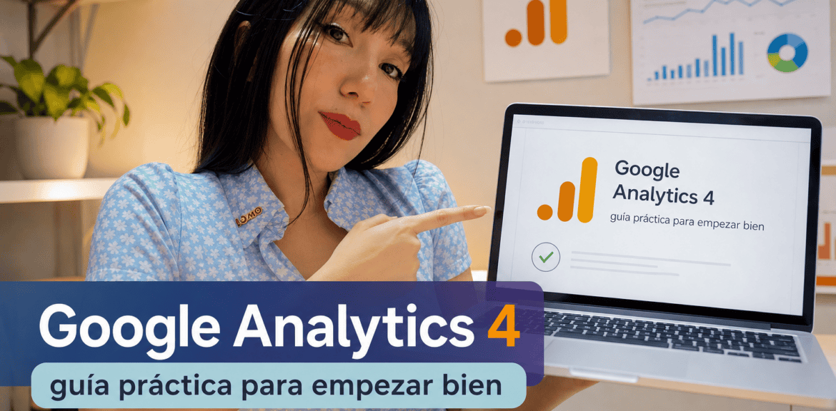 Mujer mostrando guía de Google Analytics 4 en portátil.
