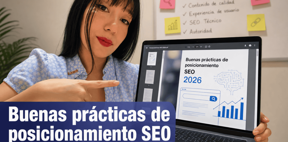 Mujer enseña buenas prácticas de SEO 2026 en portátil