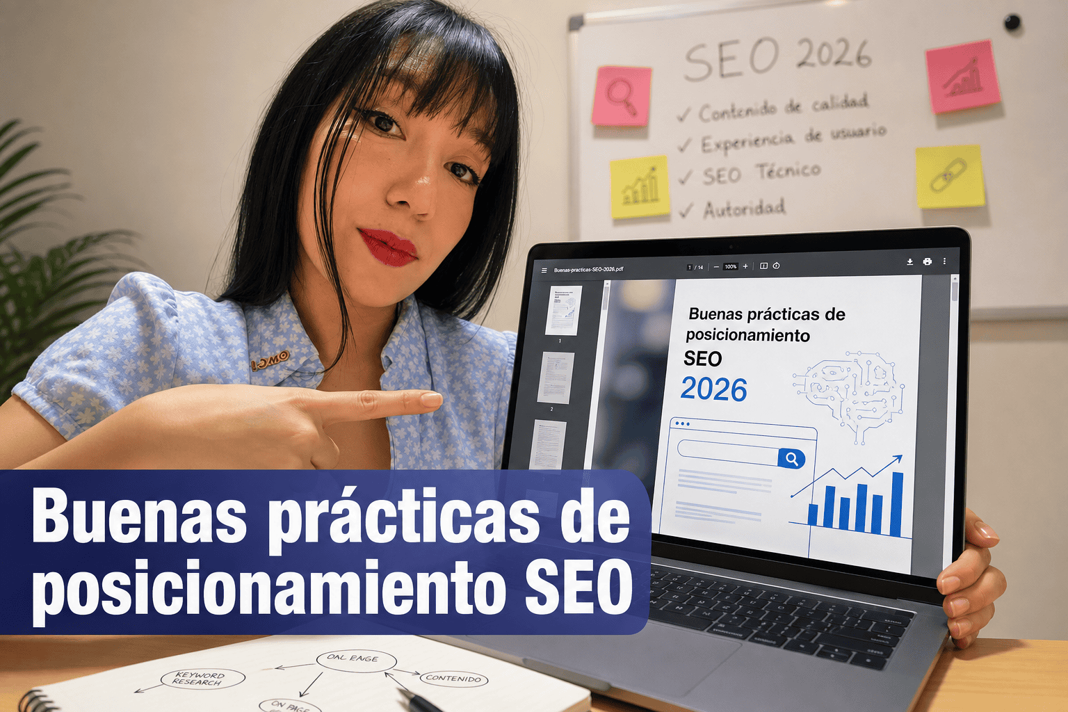 Mujer enseña buenas prácticas de SEO 2026 en portátil