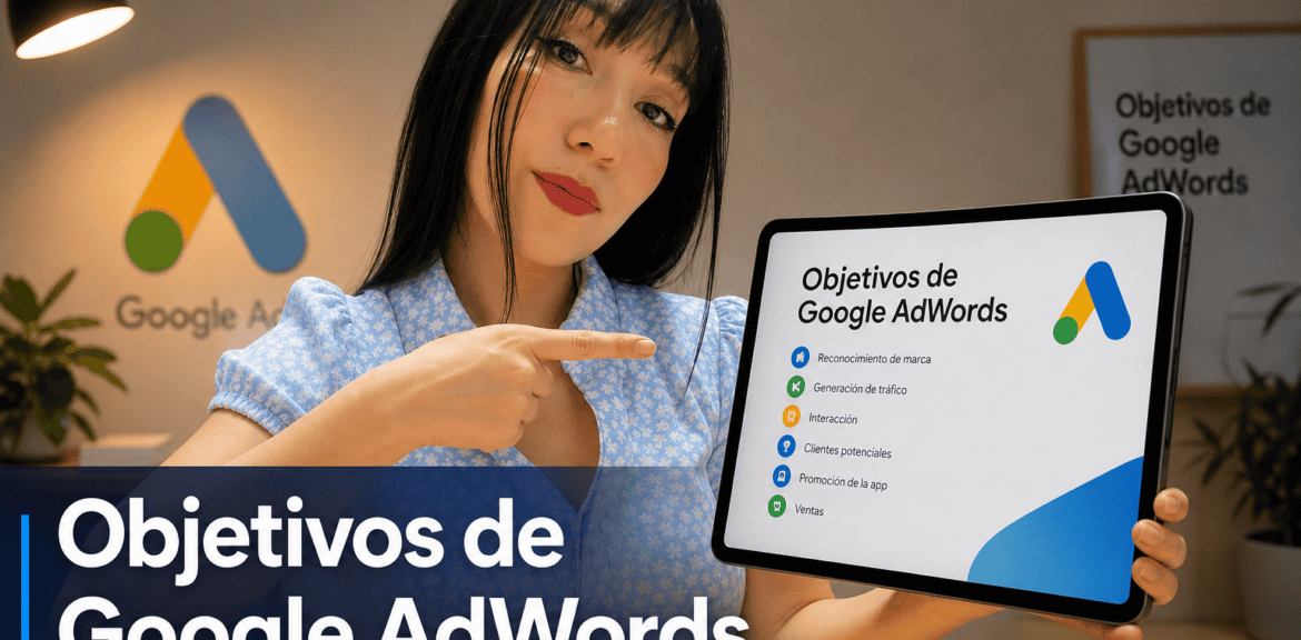 Mujer mostrando objetivos de Google AdWords en tablet.