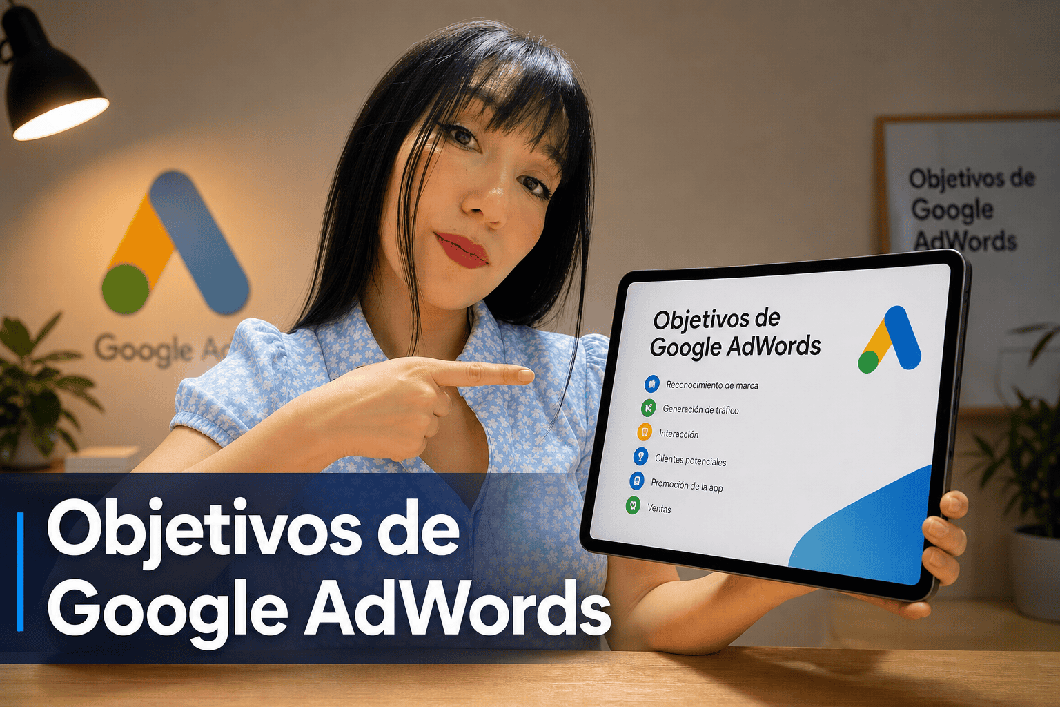 Mujer mostrando objetivos de Google AdWords en tablet.