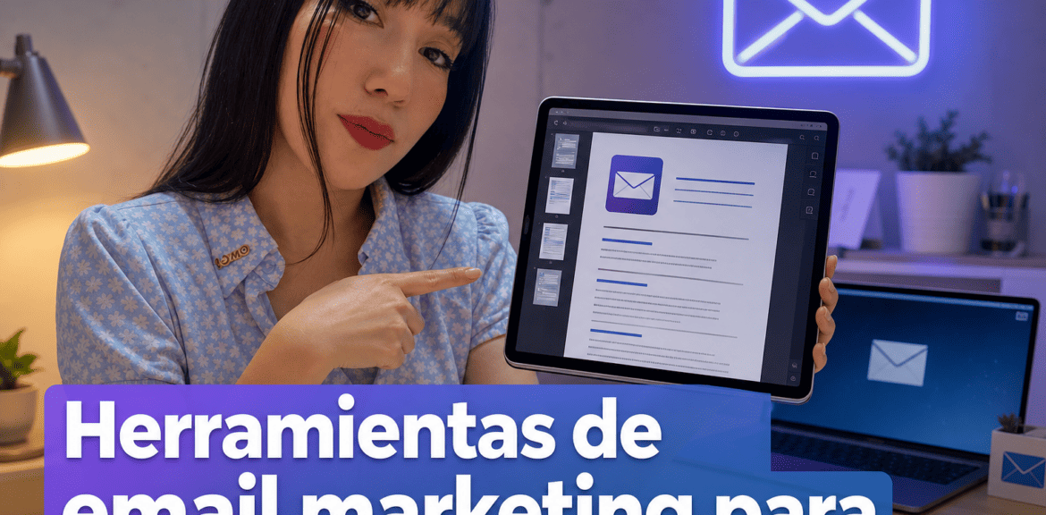 Mujer mostrando herramientas para email marketing en tablet.