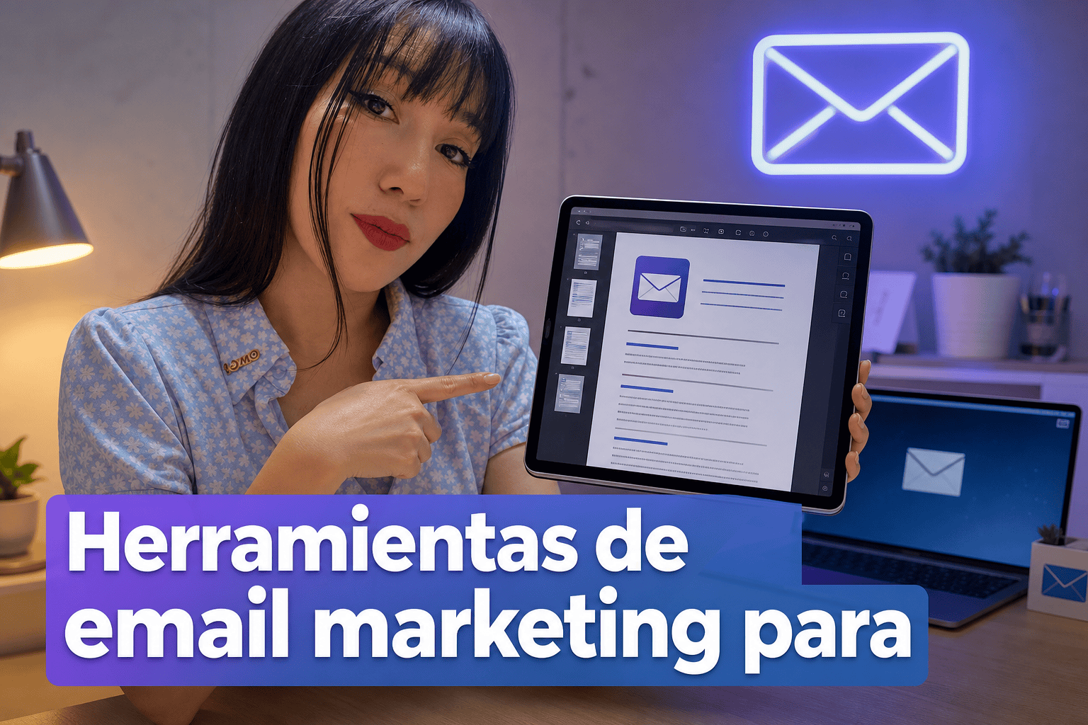 Mujer mostrando herramientas para email marketing en tablet.