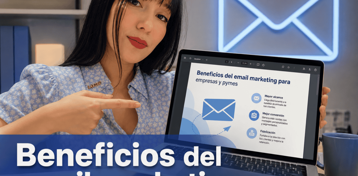 Mujer mostrando beneficios del email marketing en portátil.