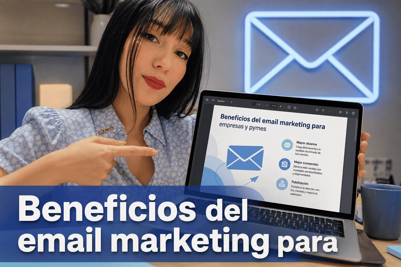 Mujer mostrando beneficios del email marketing en portátil.
