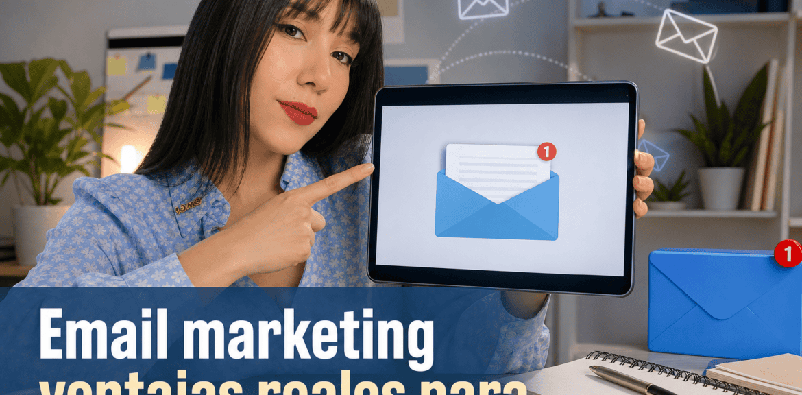 Tablet muestra notificación de email marketing activo.