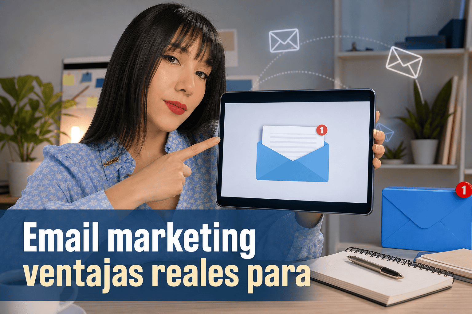 Tablet muestra notificación de email marketing activo.