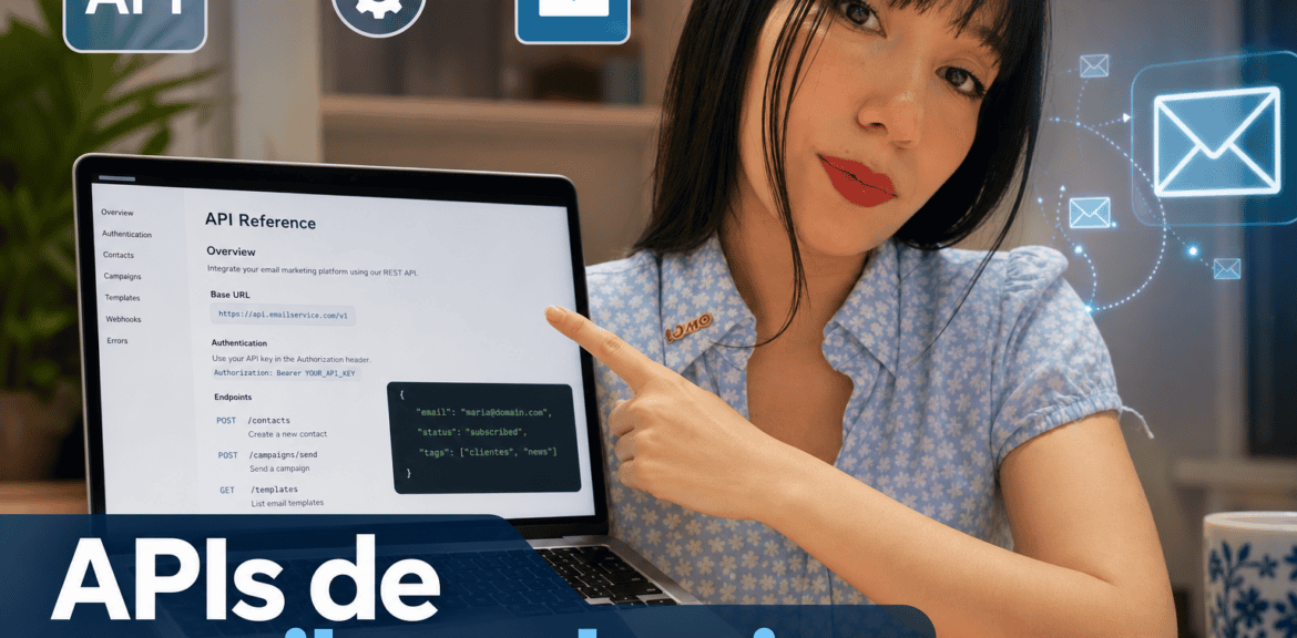 Mujer señala API de email marketing en pantalla.