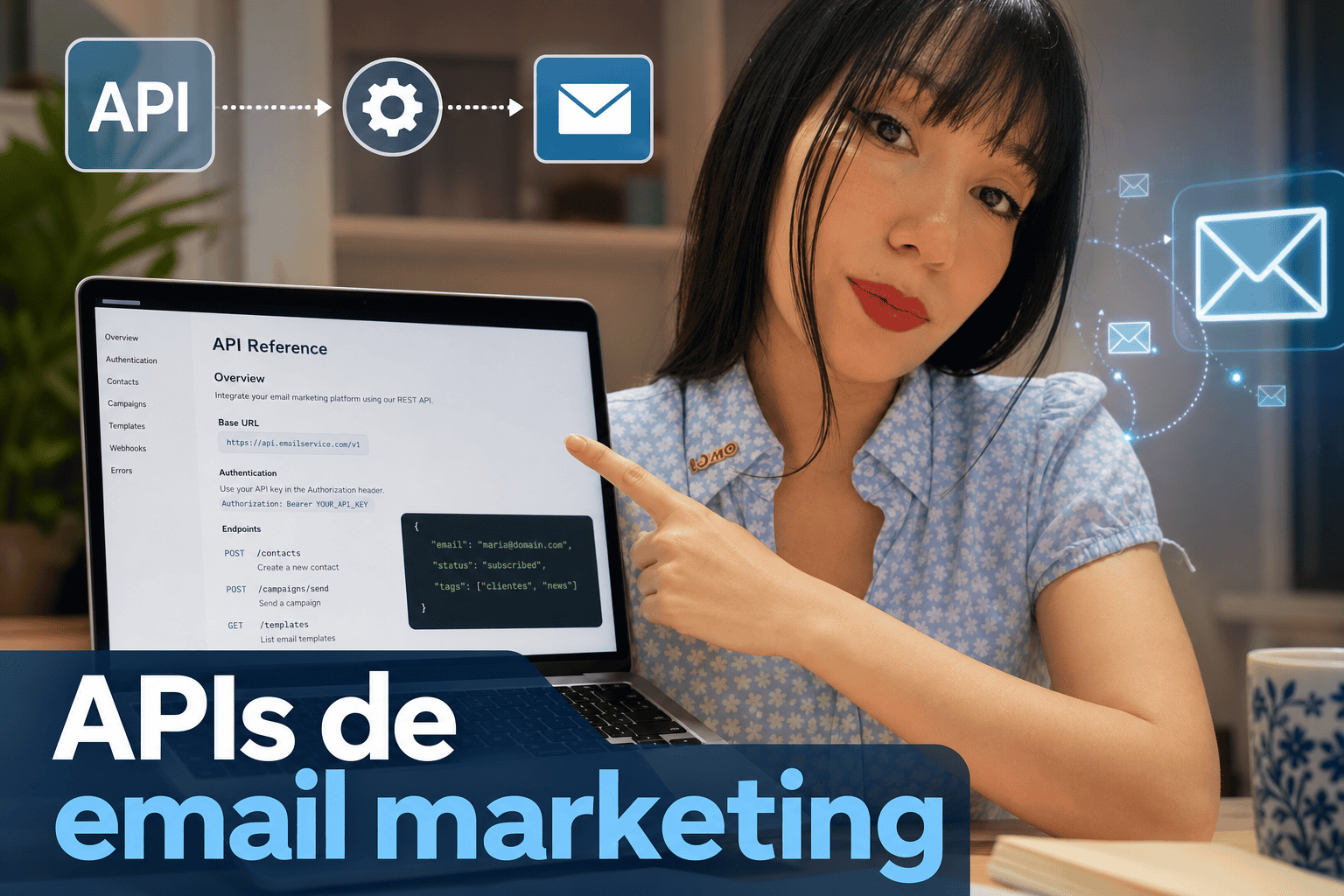 Mujer señala API de email marketing en pantalla.